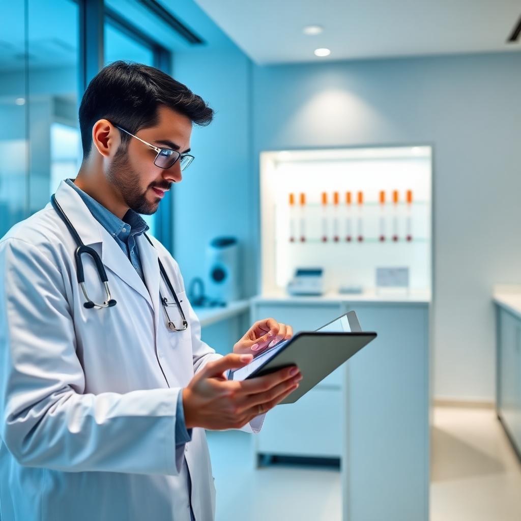Doctor reviewing lab results on tablet in Bangkok clinic