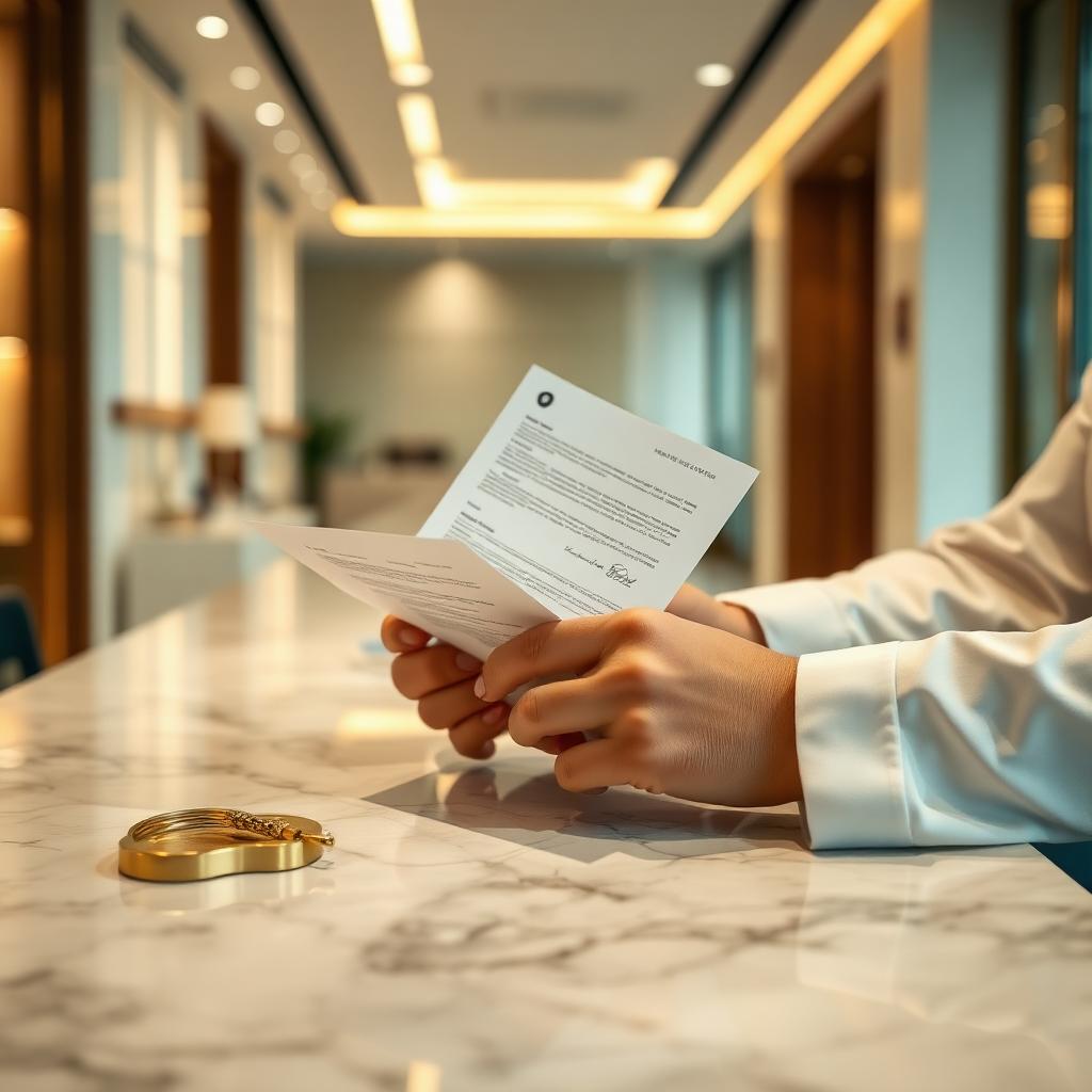 Concierge reviewing medical documents on marble desk