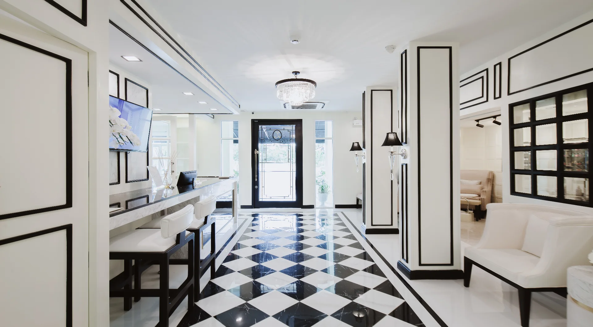 LINNA entry hallway with checkerboard marble floor